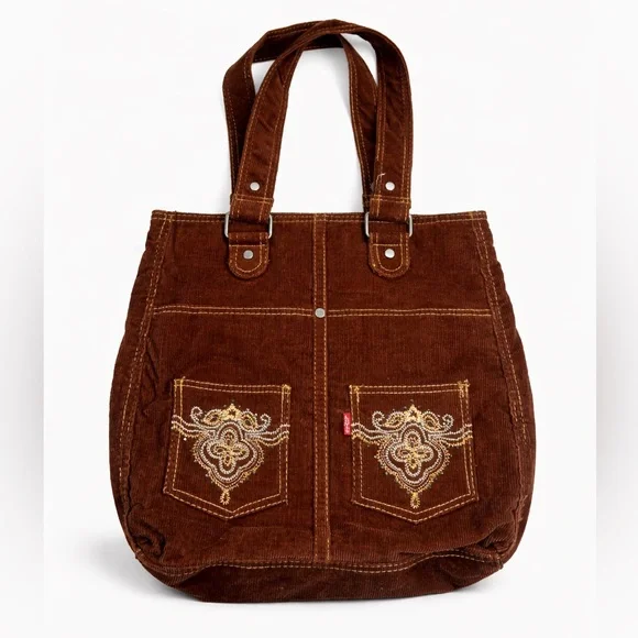 Leviโs Vintage Y2K Brown Corduroy Tote Bag Embroidered Front Pockets Unisex - Picture 1 of 10